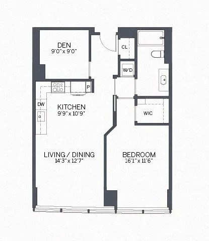 Floor plan for 1 bed, 1 bath, 838 sqft